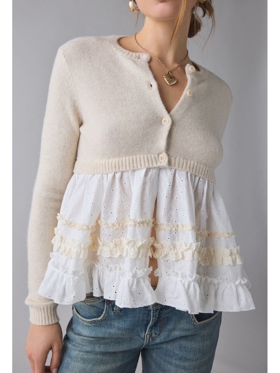Kimchi Blue Sweaters - 🟤NWT KIMCHI BLUE Monical Mixed Media Ruffle Peplum Cardigan in Antique White XS